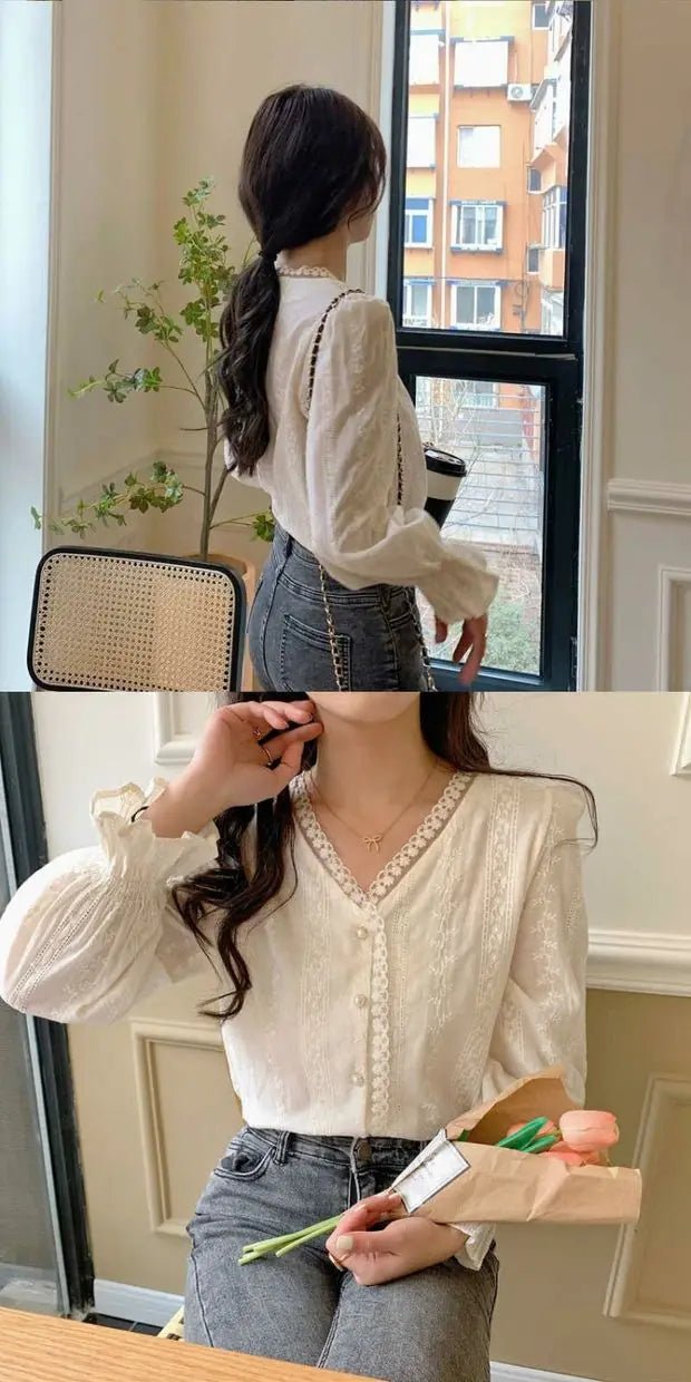Ele Women's Long Sve Lace irt V-Ne Design Korean Sle Commute Cotton Blend Fabric Pure Color Straight Cut - Chrissy's Eye