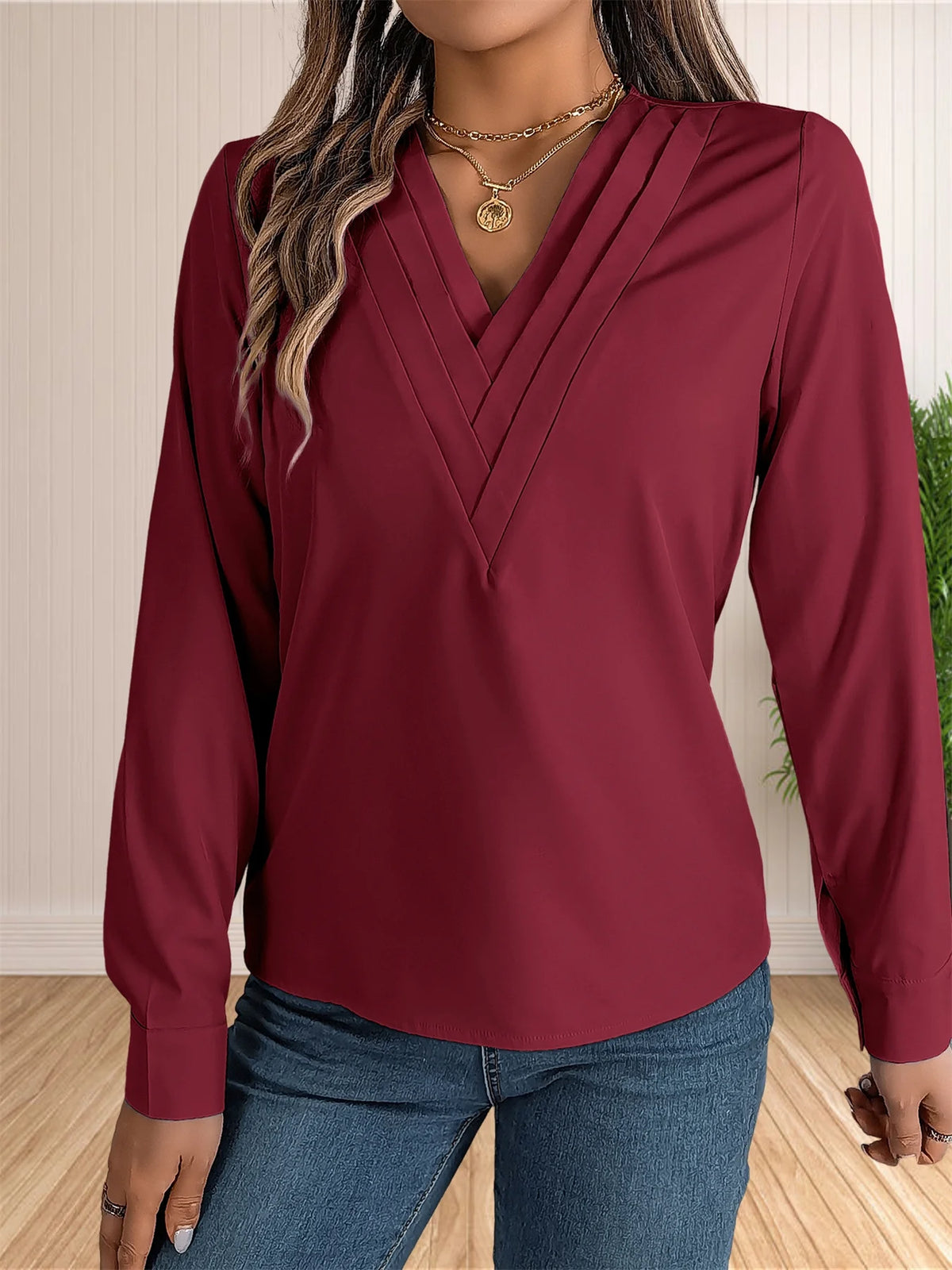 Women's Elegant Business Office Blouse Layered V Neck Long Sleeve Dressy Shirts Work Tops - Chrissy's Eye