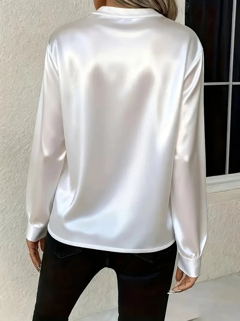 Elegant Long Sleeve V-Neck Silk-Like Top for Women, Perfect for Office & Evening Wear - Chrissy's Eye