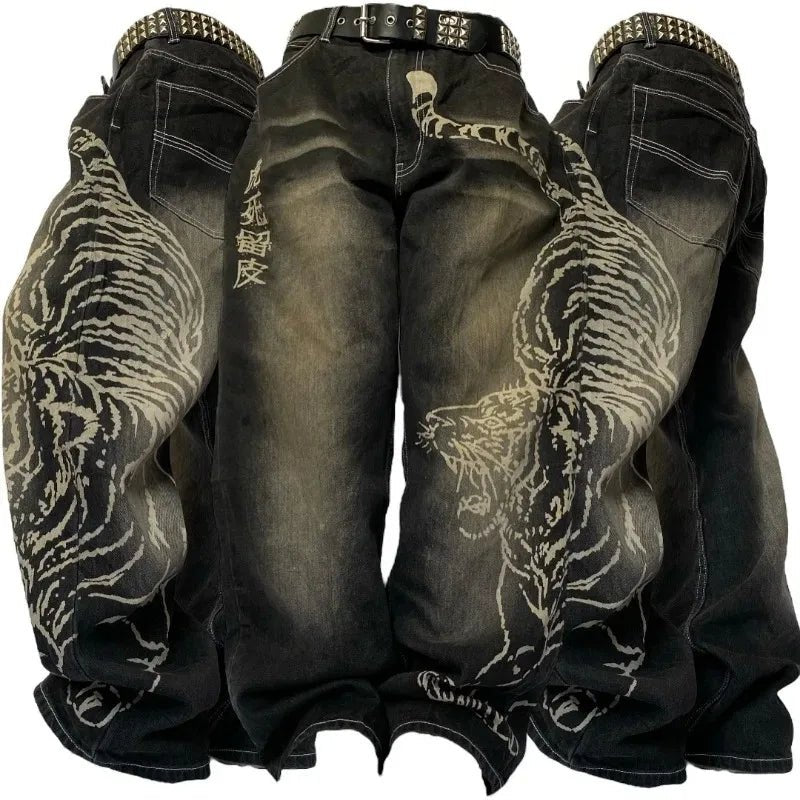 Y2K American New Fashion Tiger Print Loose Jeans Women High Street Harajuku Wind Trend Casual Joker High Waist Wide Leg Pants - Chrissy's Eye