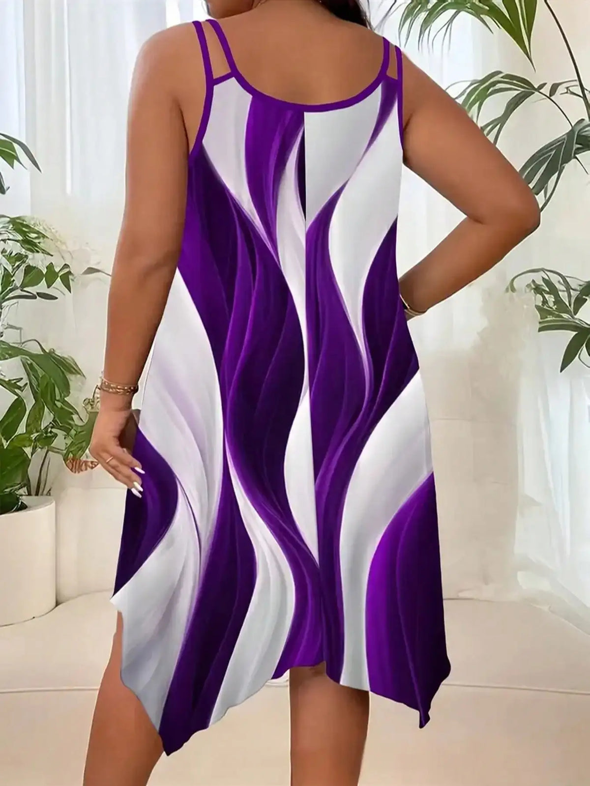 Plus-size women's fashion asymmetrical geometric stripes printed double strap dress - Chrissy's Eye