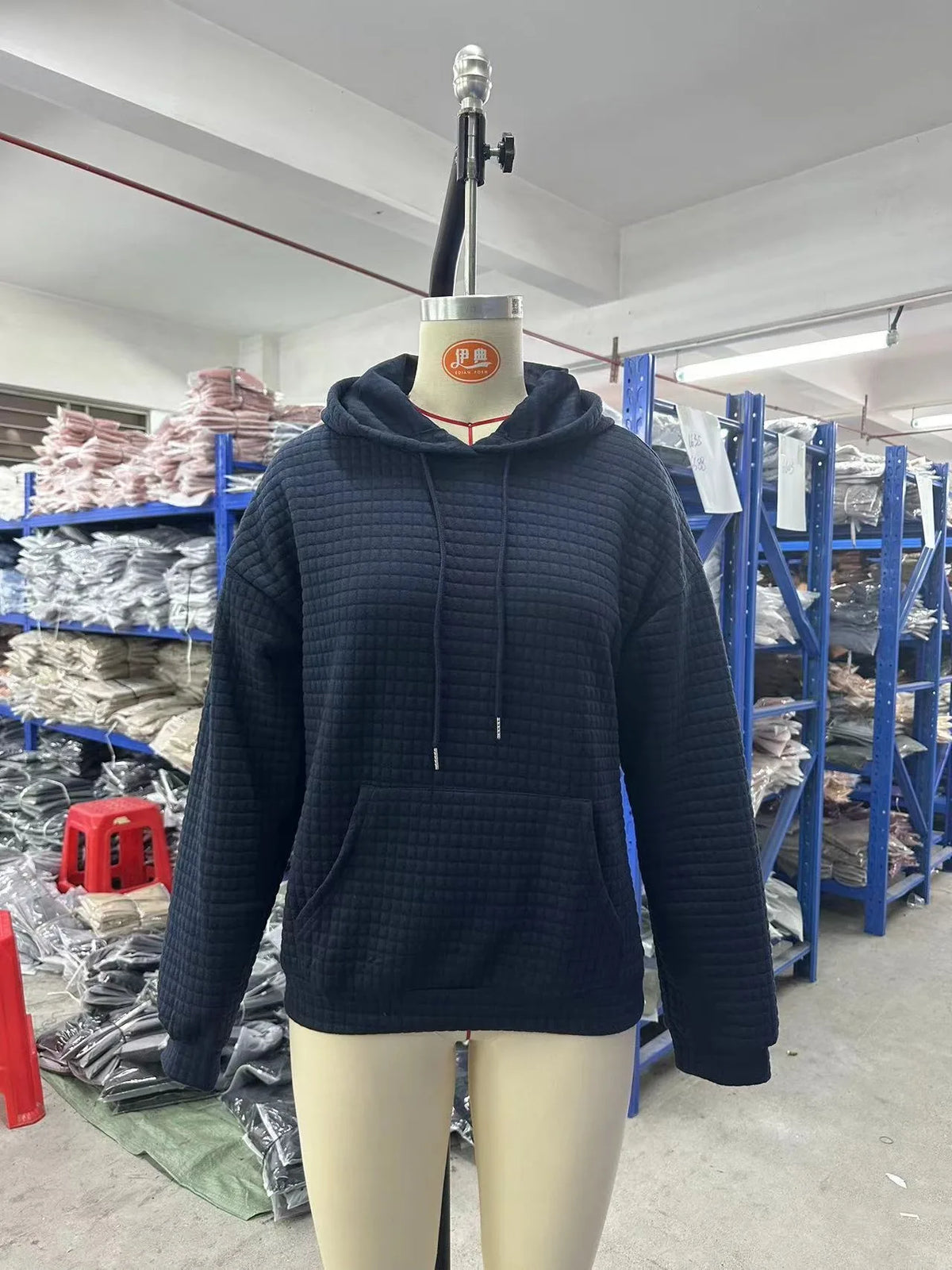 Women's hooded sweatshirt spring and autumn style waffle fashion beautiful solid color hooded drawstring loose sweatshirt - Chrissy's Eye