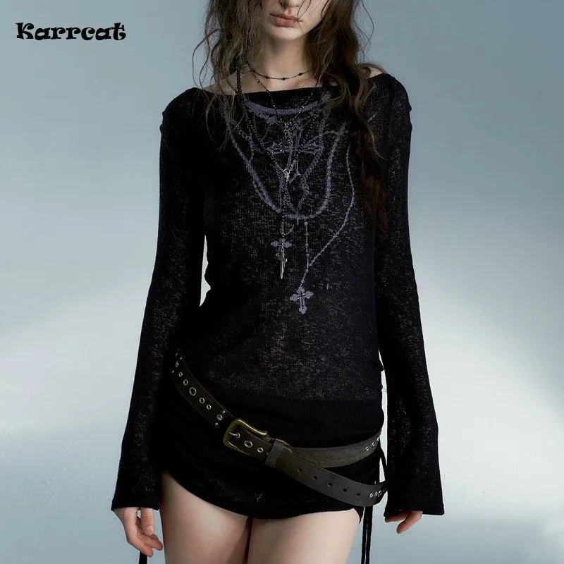 Women's Long Sleeve Knitted Tops Vintage Tattoo Print Punk Black Ribbed T-Shirt - Chrissy's Eye