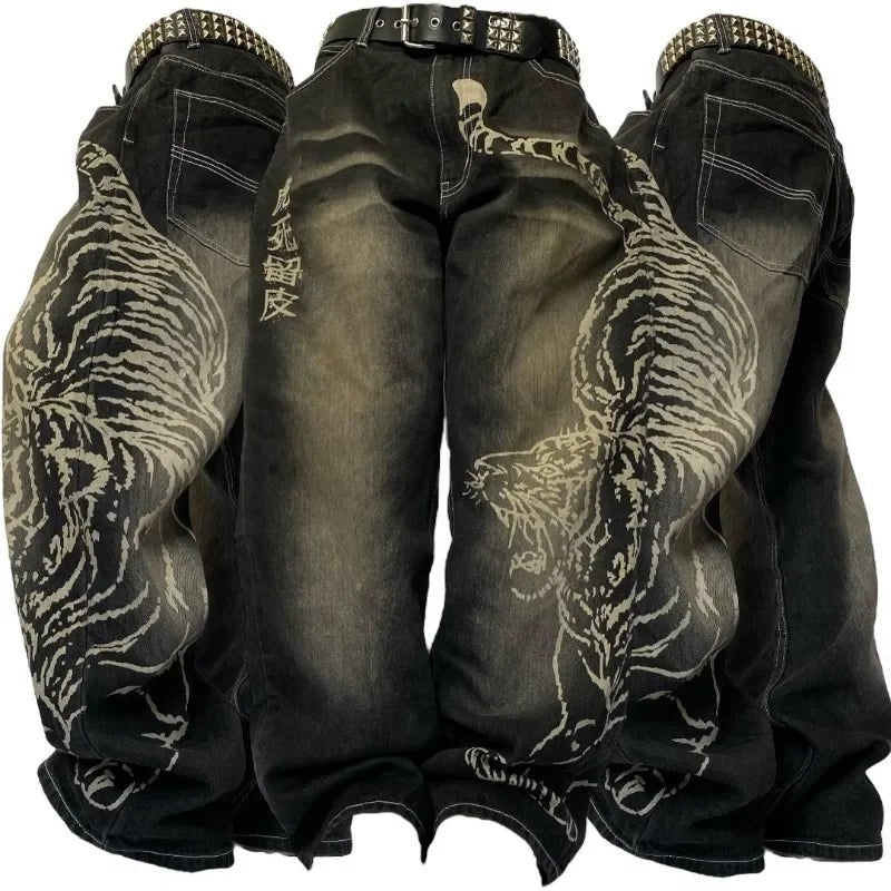 Y2K American New Fashion Tiger Print Loose Jeans Women High Street Harajuku Wind Trend Casual Joker High Waist Wide Leg Pants - Chrissy's Eye
