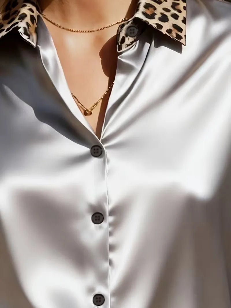 Leopard Collar & Cuff Satin Blouse for Women - White Long Sleeve Button Down Silk-Like Top Office to Evening Chic Shirt blouse - Chrissy's Eye