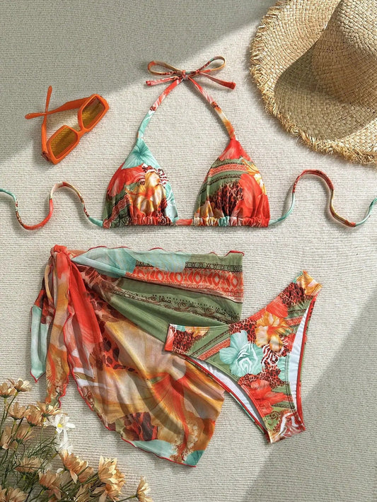 Sexy Skirt 3 Piece Bikinis Sets 2026 Women Orange Floral Tiger Print Push Up High Waist Swimsuit Bathing Suit Swimwear Biquini - Chrissy's Eye