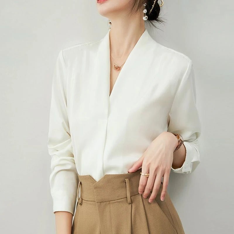 Korean Solid Color V-neck Long Sleeve Lady Chiffon Shirt Spring Autumn Elegant Simple Loose Fit Women's Commuting Shirt New 128 - Chrissy's Eye
