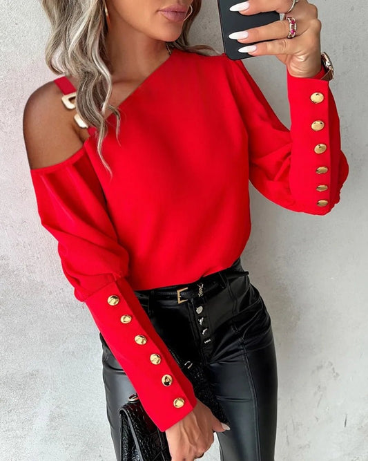 Fashion Lantern Sleeve Button Splicing Shirt Women Elegant Office Commuter O Neck Blouse Female Autumn Spring Daily Casual Tops - Chrissy's Eye