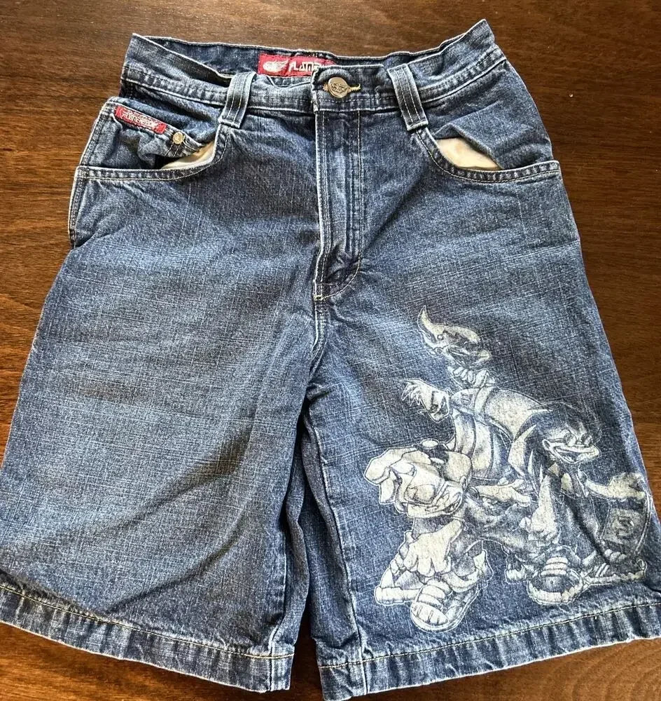 Men Dark Wash Denim Shorts Back Pocket Cherry Blossom Embroidered Loose Fit Knee Length Vintage Streetwear Casual Summer Wear - Chrissy's Eye