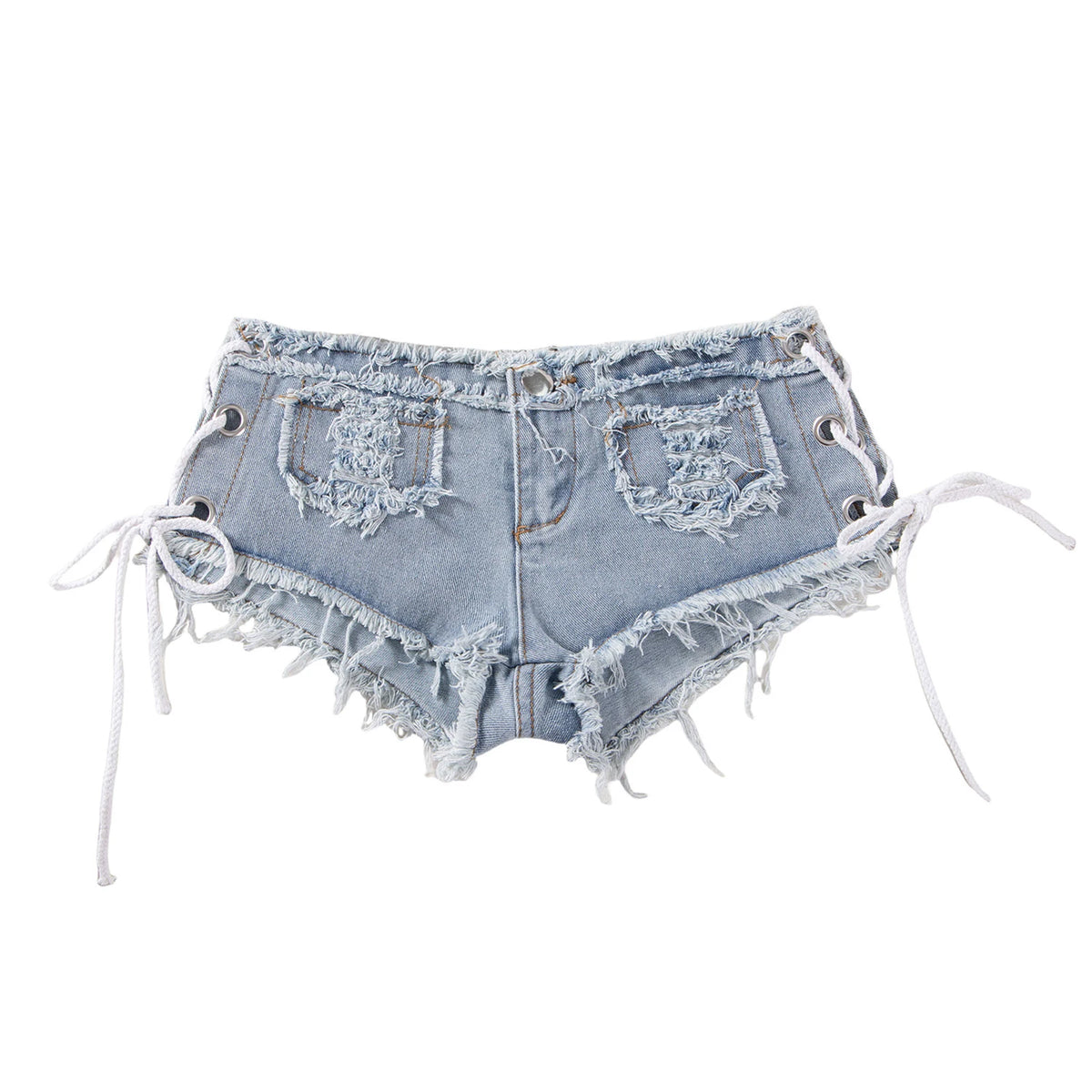 Men's Low Rise Extra Short Hot Pants Raw Edge Ripped Denim Shorts with Sides Lace-up Booty Jeans Shorts for Rave Party Clubwear - Chrissy's Eye