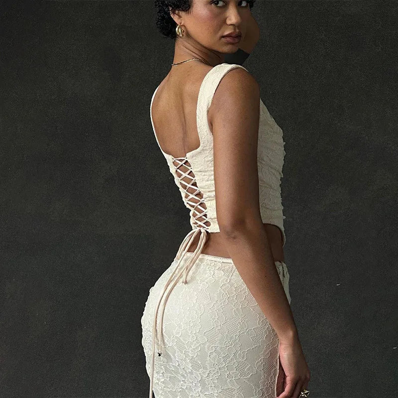 Gtpdpllt Elegant Lace Two Piece Set Women Irregular Long Skirt And Corset Top French Style Bodycon Dress Matching Sets - Chrissy's Eye