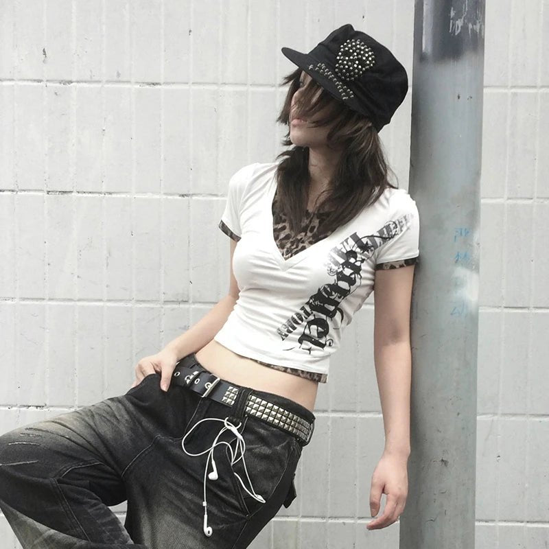 Two-piece Tops Trashy 2000s Style Tattoo Print T-shirt Vintage with Leopard print T-shirt arrached - Chrissy's Eye