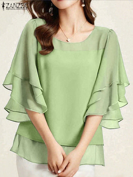 Women Chiffon Blouse Solid Color Tops Tunic Autumn 3/4 Sleeve Ruffled Shirts Casual Office Lady Elegant Tops - Chrissy's Eye