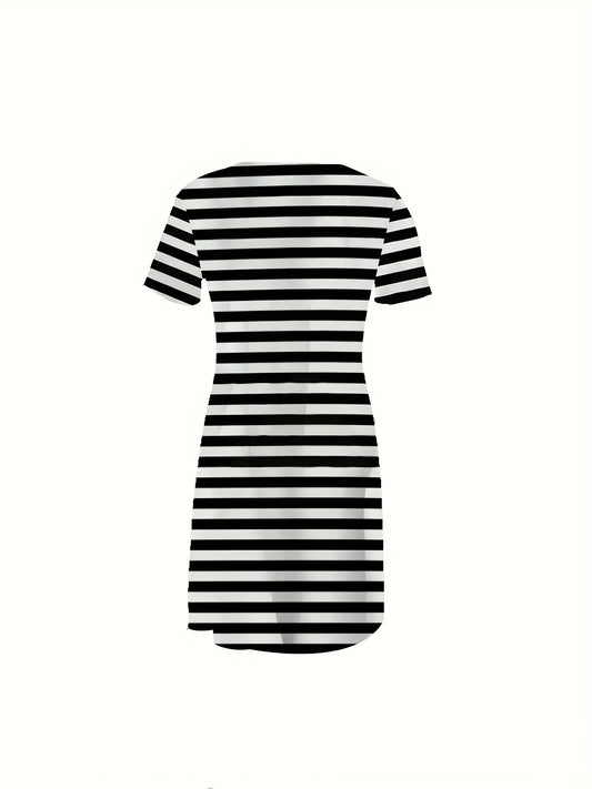 Plus Size Women's Retro Striped Face Print Dress Black White Artistic Graphic Short Sleeve Round Neck Casual Breathable Dress - Chrissy's Eye