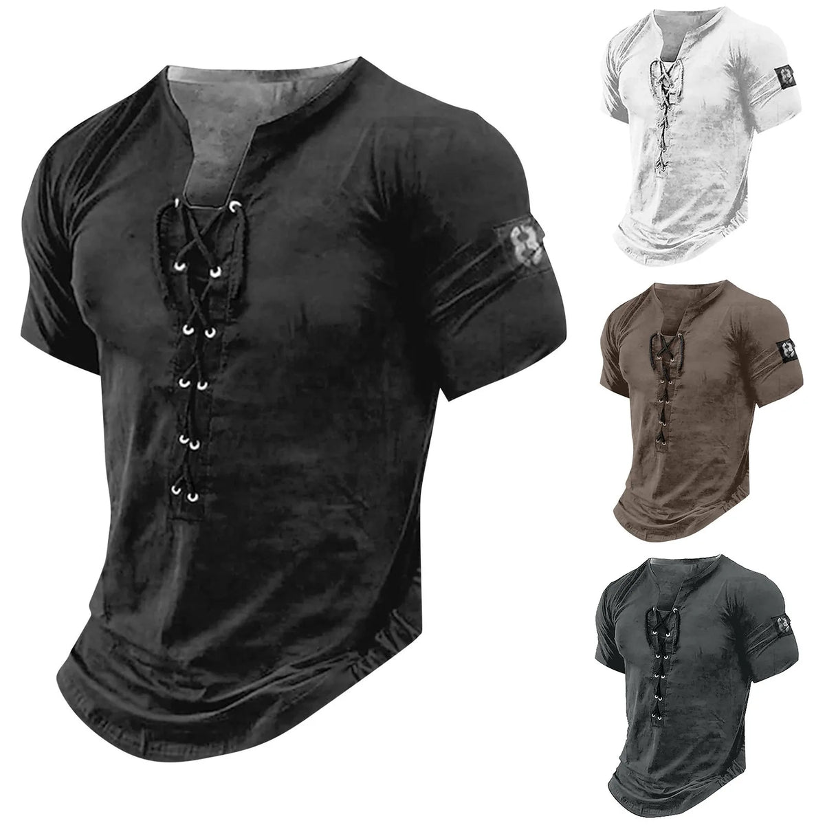 Men'S Short Sleeve T-Shirt Vintage Trend Graphic And Embroidered T-Shirt Drawstring Tie Classic Basic All-Match Tops - Chrissy's Eye