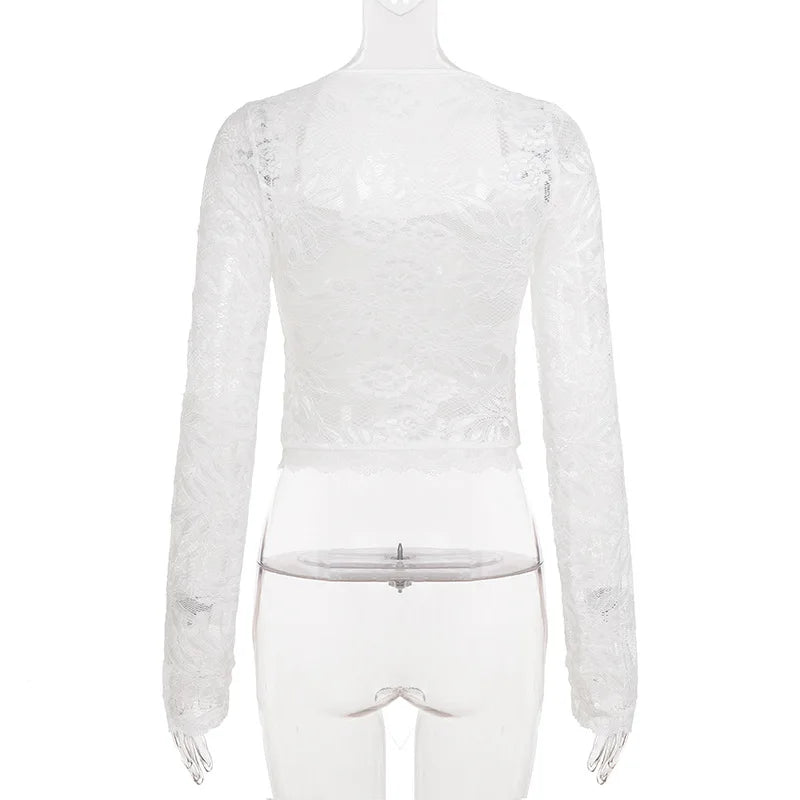 SsTss Solid Slim Sheer Lace Top for Women Fashion Hollow Out Long Sleeve Square Neck Slim Stretch Basic Crop T Shirt for Dating - Chrissy's Eye