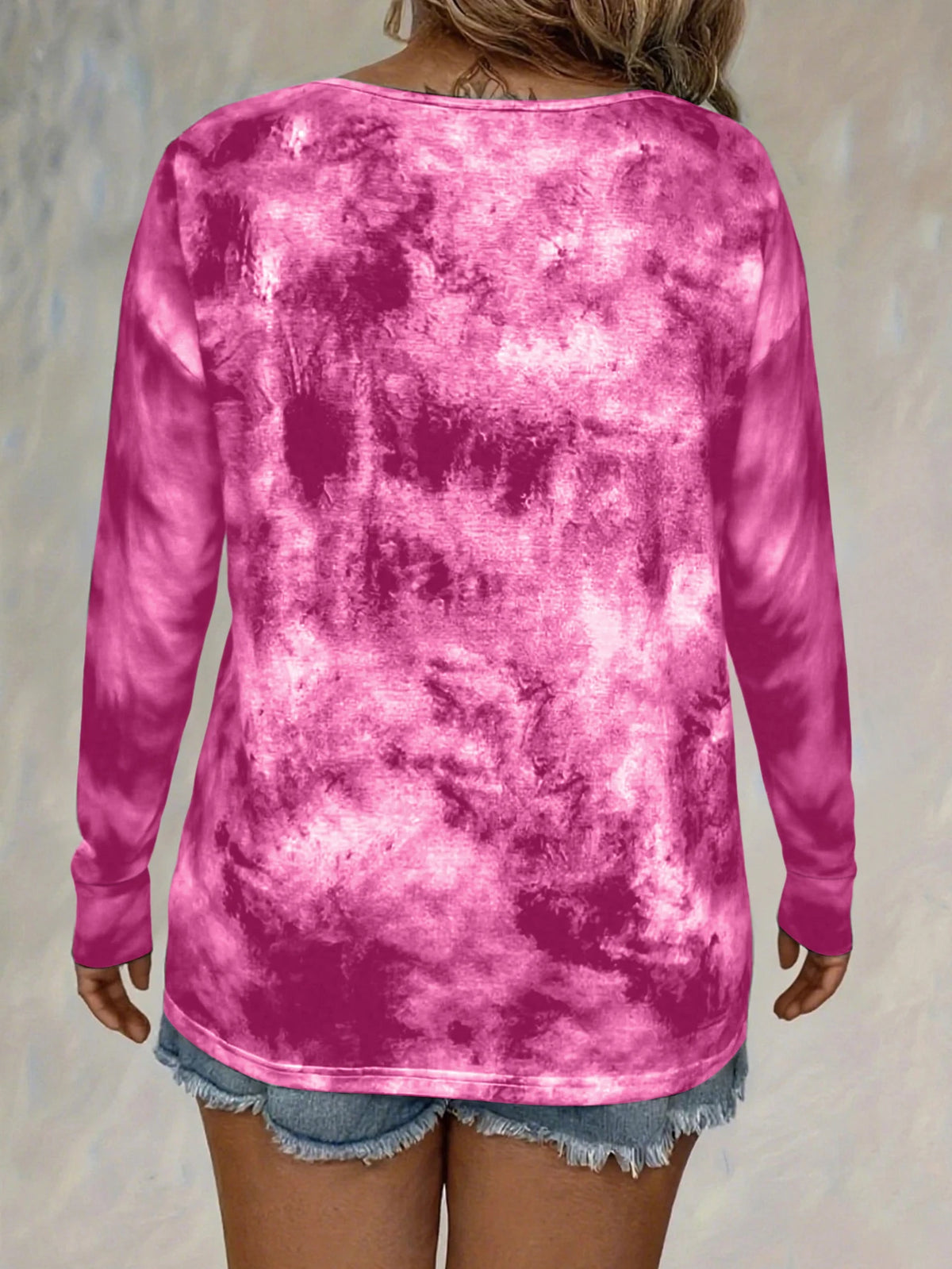 plus size women's tie dye printed long sleeved T-shirt made of polyester knitted fabric elegant lace up casual and comfortable - Chrissy's Eye