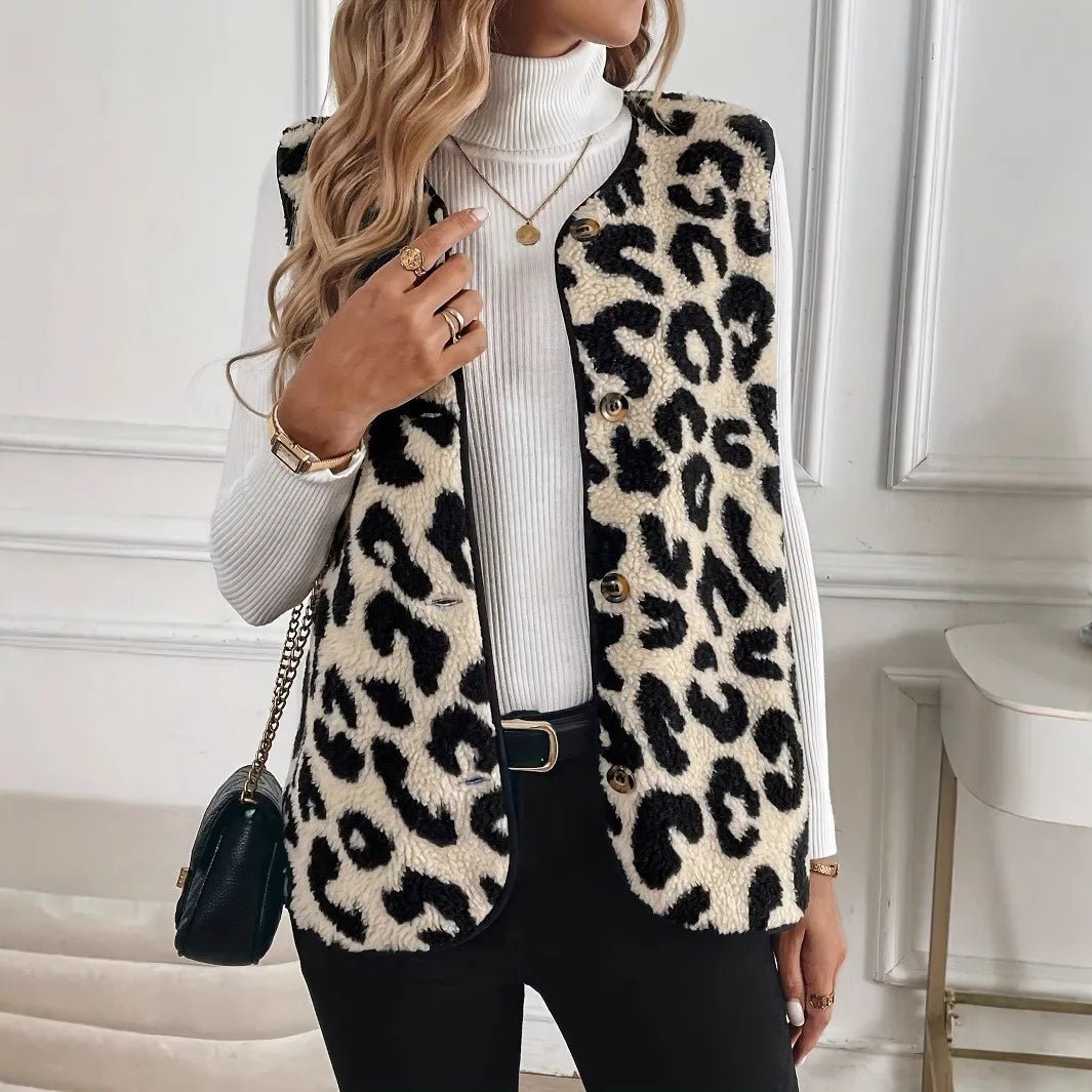 2026 Autumn Winter New Leopard Print Sleeveless Plush Vest Women Single Row Button Versatile Warm Fashion Versatile - Chrissy's Eye