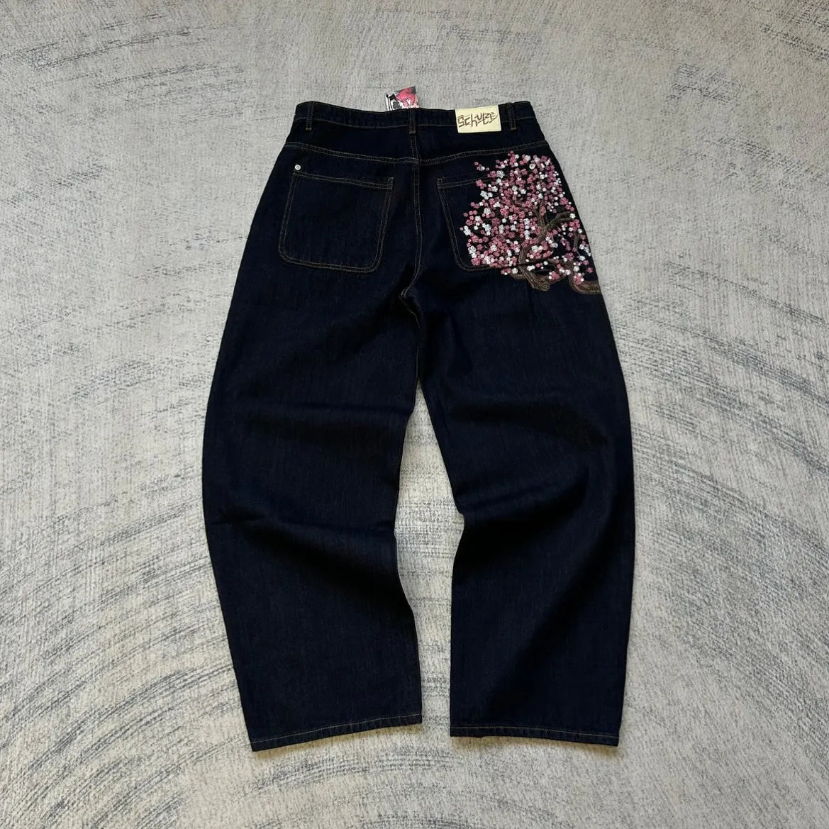 Vintage Low Waist Hip Hop Cherry Blossom Embroidered Jeans Wide Leg Trousers Y2K Clothes Mens Womes Embroidered Baggy Jeans - Chrissy's Eye