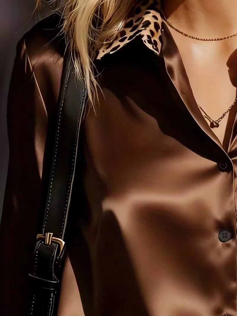 Leopard Collar & Cuff Satin Blouse for Women - White Long Sleeve Button Down Silk-Like Top Office to Evening Chic Shirt blouse - Chrissy's Eye