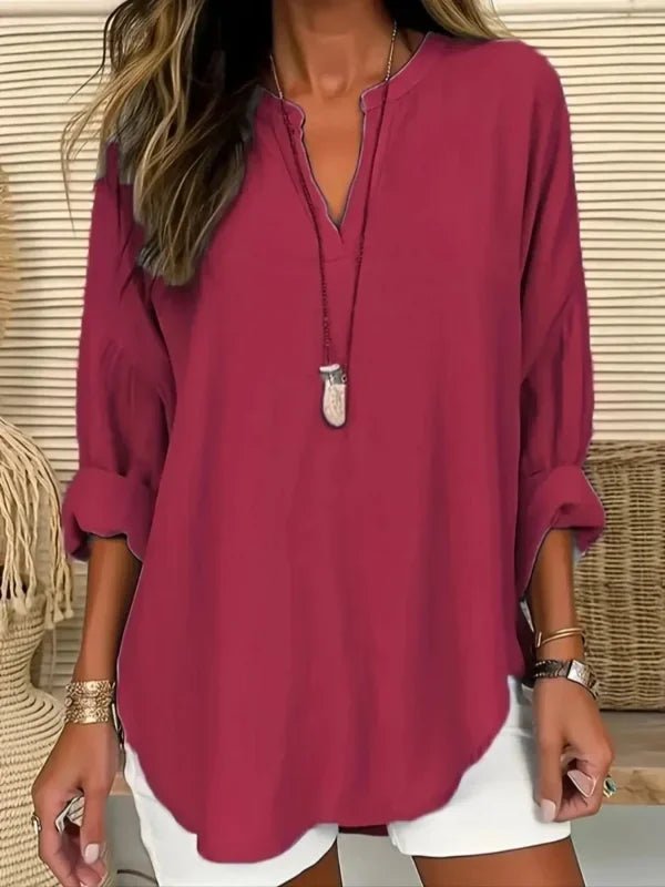 Plus Size 1XL-5XL Women's CasualLadies Fashion Solid Blouse Solid Color Loose Tops V-neck Blouse Long Sleeve Shirt - Chrissy's Eye