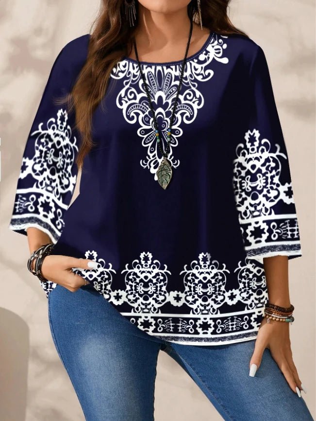 Plus Size Women's Boho Print T-Shirt, Navy Blue with White Floral Patterns, 3/4 Sleeves, Super Comfy for Daily Casual Wear - Chrissy's Eye