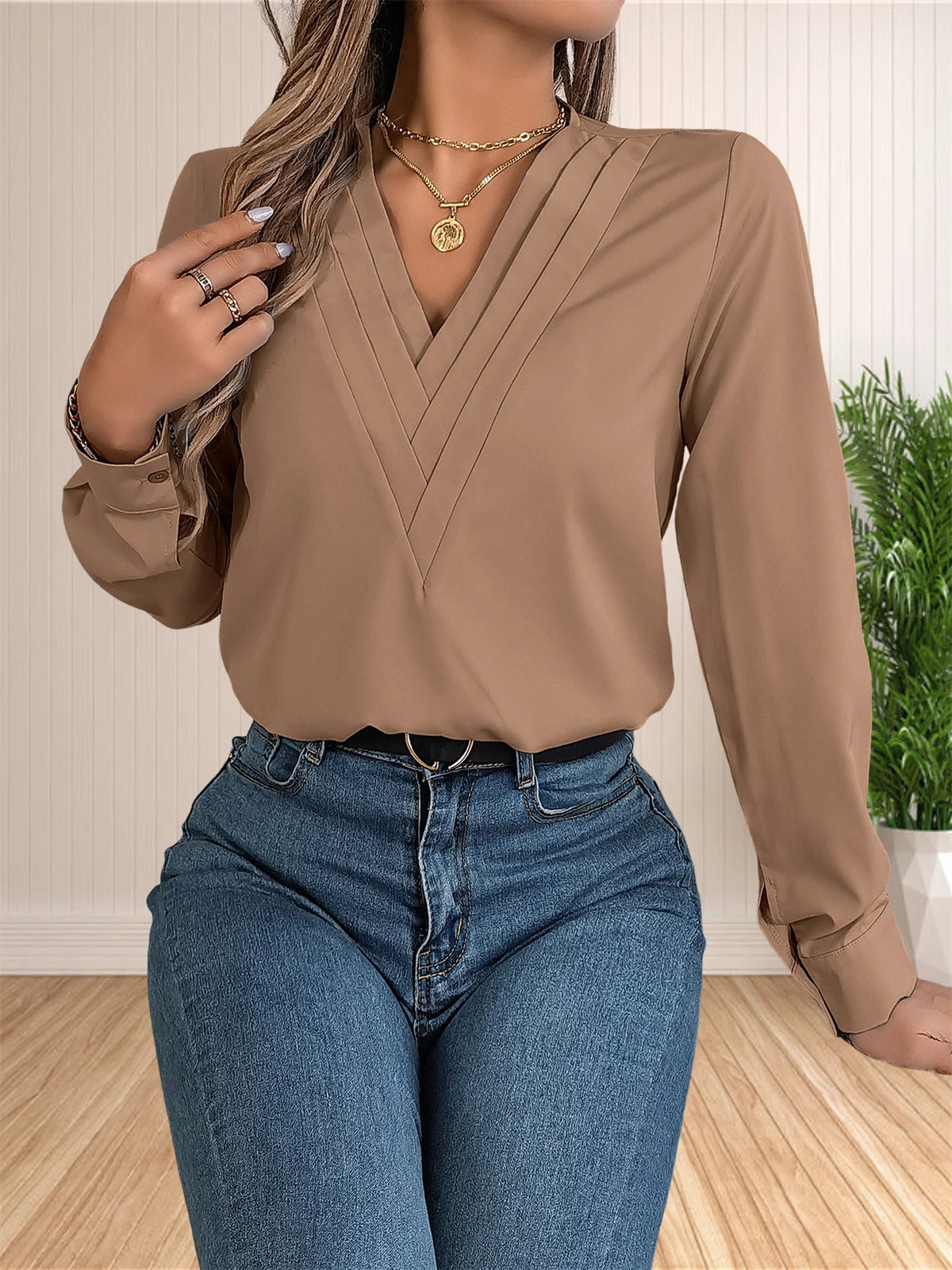 Women's Elegant Business Office Blouse Layered V Neck Long Sleeve Dressy Shirts Work Tops - Chrissy's Eye