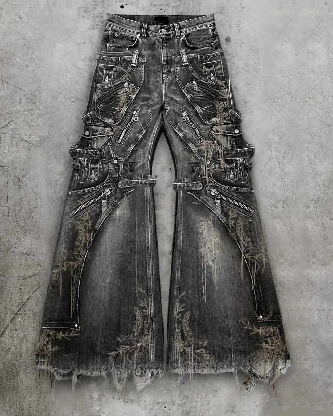 Streetwear Goth Punk Multi-Pocket Cargo Jeans Mens Black Distressed Flared Denim Pants with Straps Zippers Studs Frayed Edges - Chrissy's Eye