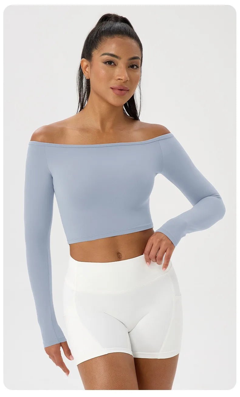 Women Sexy Off Shoulder Yoga Top Long Sleeve Gym Running Top Solid Quick-Dry Sport Workout Shirt - Chrissy's Eye