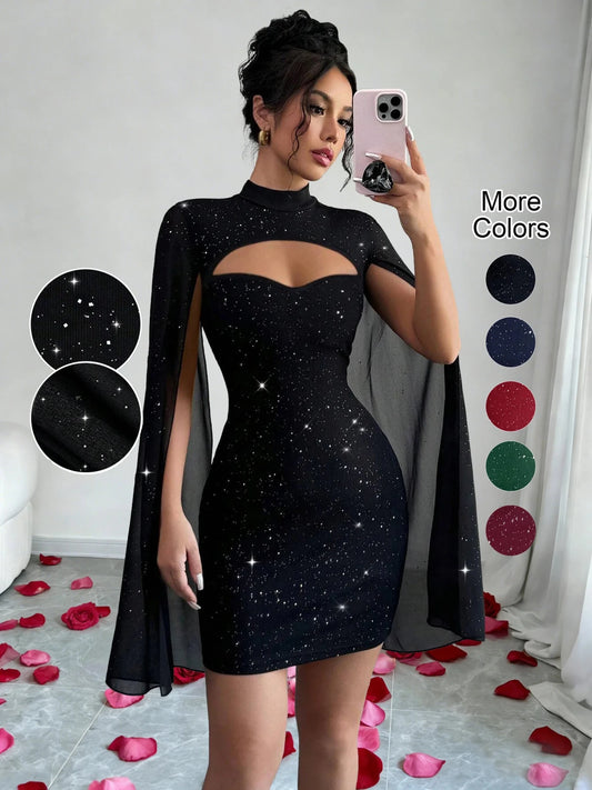 Sexy Women's Stand Collar Cape Mini Dress Sequins Sparkling Club Party Night Out Fitted Bodycon Elegant Autumn Winter - Chrissy's Eye