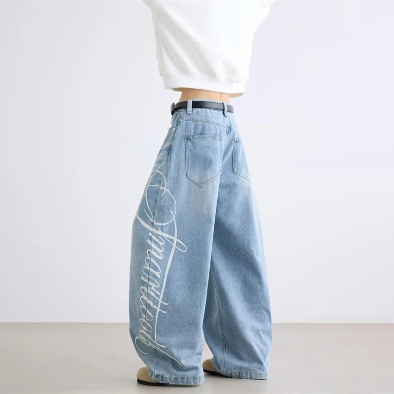 Autumn Men's Letter Printed Straight-Leg Baggy Jeans Hip Hop Fashion Washed Denim Pantalones American Retro Y2K Streetwear Jean - Chrissy's Eye