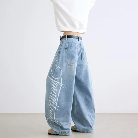 Autumn Men's Letter Printed Straight-Leg Baggy Jeans Hip Hop Fashion Washed Denim Pantalones American Retro Y2K Streetwear Jean - Chrissy's Eye