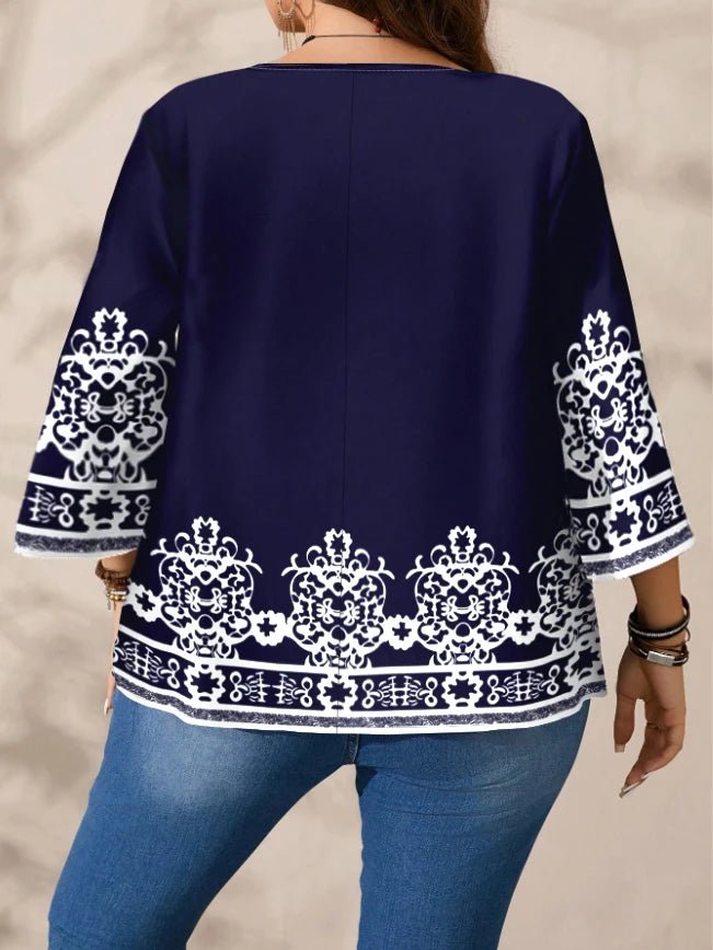 Plus Size Women's Boho Print T-Shirt, Navy Blue with White Floral Patterns, 3/4 Sleeves, Super Comfy for Daily Casual Wear - Chrissy's Eye