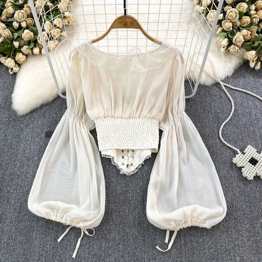 Chic Blouse Women 2023 Chiffon Lace Lace-up Patchwork Elegant Blusas Embroidery Blouses for Woman French Court Retro Dropship - Chrissy's Eye