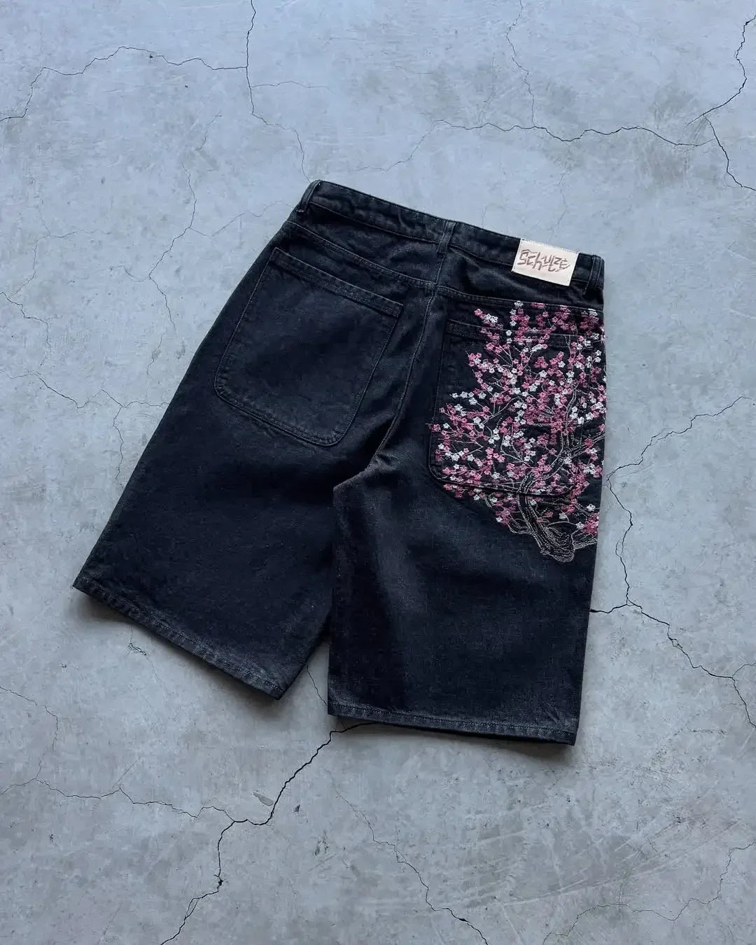 Men Dark Wash Denim Shorts Back Pocket Cherry Blossom Embroidered Loose Fit Knee Length Vintage Streetwear Casual Summer Wear - Chrissy's Eye