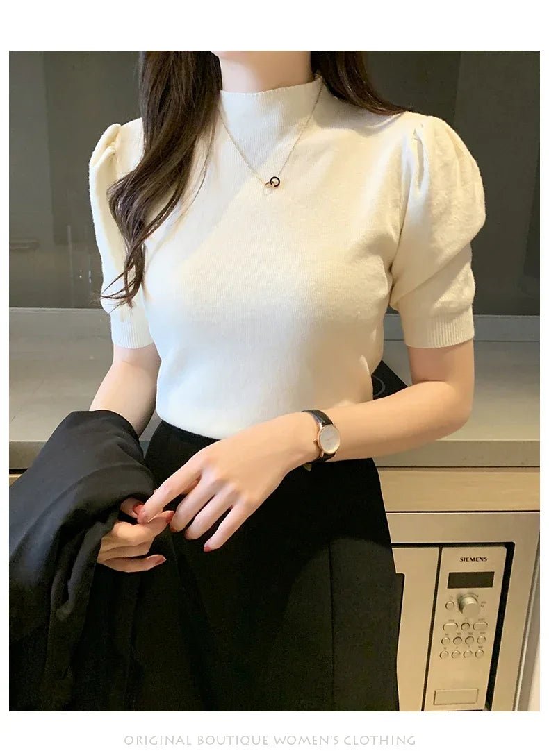 Puff Sleeve Knit Top with Half Turtleneck - Chrissy's Eye