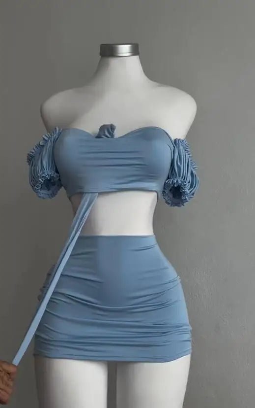 A sexy and fashionable two-piece short skirt with hollowed-out pleated puffed sleeves that wraps the hips - Chrissy's Eye