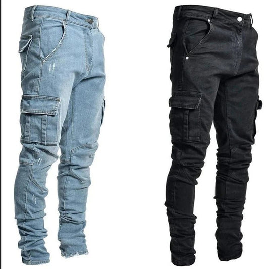 Men Street Elastic Denim Jeans Wash Solid Color Multi Pockets Cargo Pants Casual Slim Fit Daily Wear Joggers Mid Waist Trousers - Chrissy's Eye