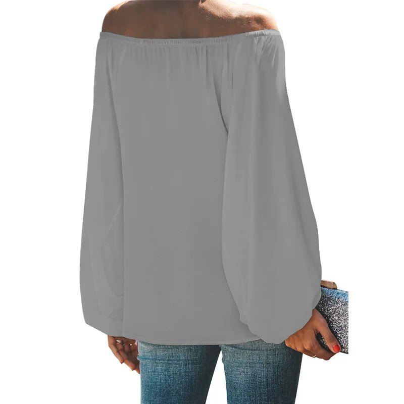 2024 off-shoulder tops for women autumn new one-shoulder solid color lantern sleeves loose long-sleeved T-shirt - Chrissy's Eye