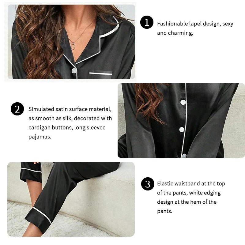 Plus Size Fall and Winter Silk Satin Women Pajamas Set Button down Top & Trousers 2 PCS Set Sleepwear Solid Nightwear Loungewear - Chrissy's Eye