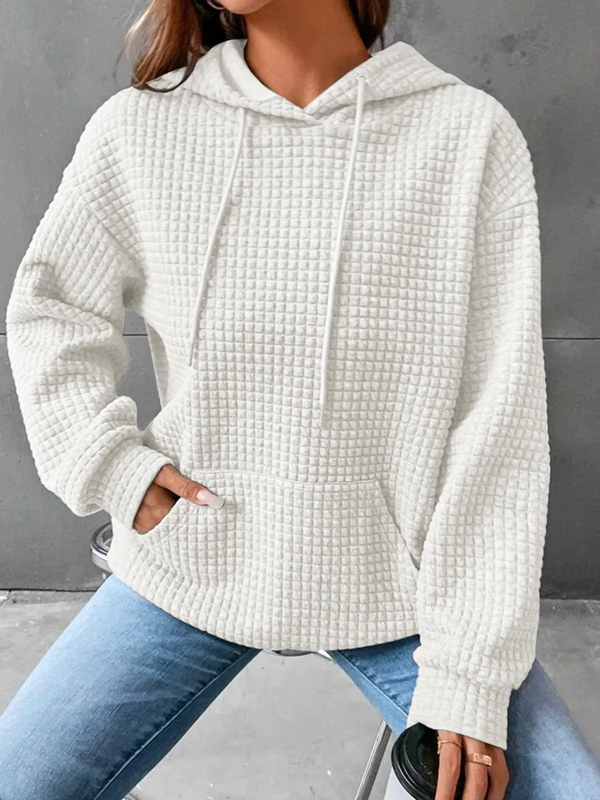 Women's hooded sweatshirt spring and autumn style waffle fashion beautiful solid color hooded drawstring loose sweatshirt - Chrissy's Eye