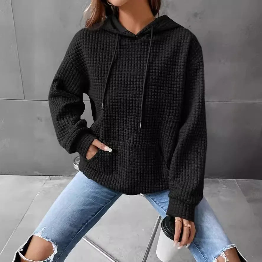 Women's hooded sweatshirt spring and autumn style waffle fashion beautiful solid color hooded drawstring loose sweatshirt - Chrissy's Eye