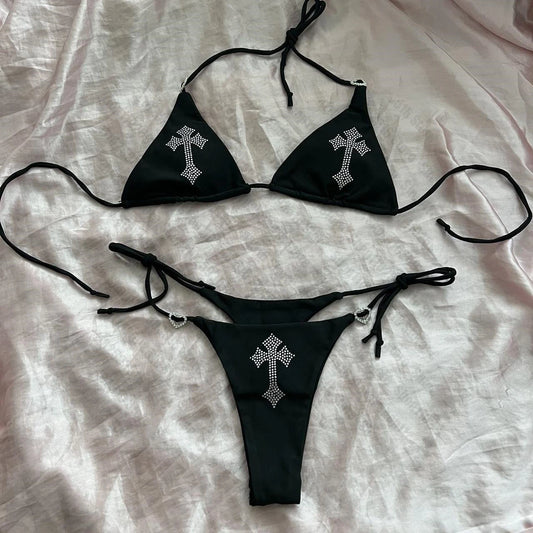 Sexy Rhinestone Cross Gothic Bikini Swimsuit Goth Bathing Suit Summer Beachwear - Chrissy's Eye