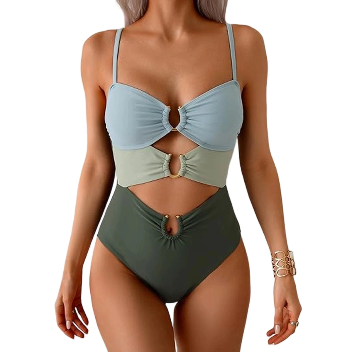 Sexy Cutout Swimsuit Solid Color Summer Spaghetti Strap Color Block Ring Detail One Piece Beach High Cut Bathing Suit - Chrissy's Eye