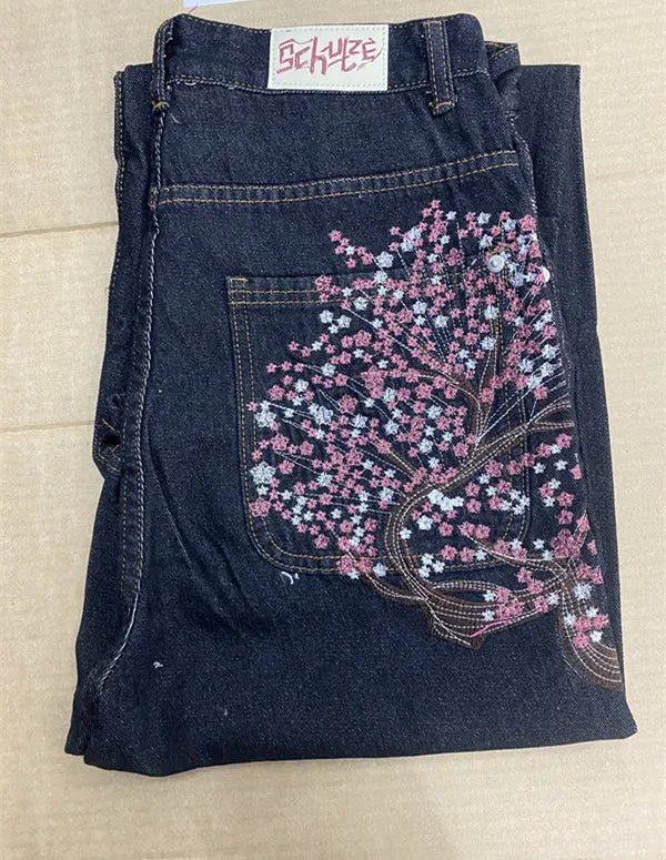 Vintage Low Waist Hip Hop Cherry Blossom Embroidered Jeans Wide Leg Trousers Y2K Clothes Mens Womes Embroidered Baggy Jeans - Chrissy's Eye
