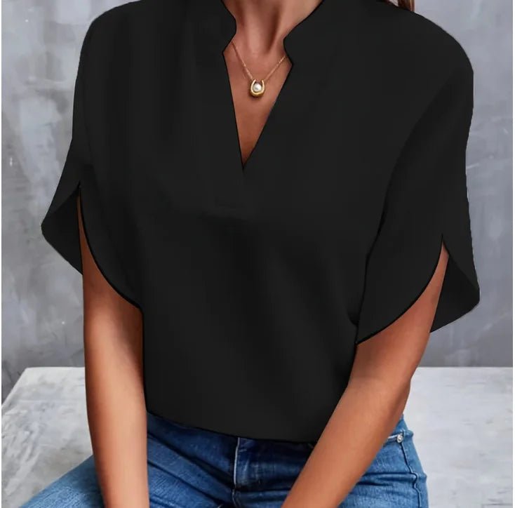 Summer Elegant Women's Blouse New V-neck Short Sleeve Solid Color Loose Shirt Casual White Tops Office Lady Blouses - Chrissy's Eye