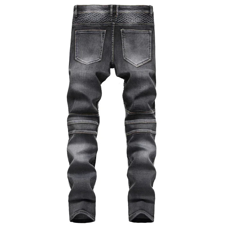Men's New Casual Motorcycle Jeans Hip Hop Street Riding Stretch Slim Fit Straight Pants Patchwork Fashion Denim Trousers Male - Chrissy's Eye