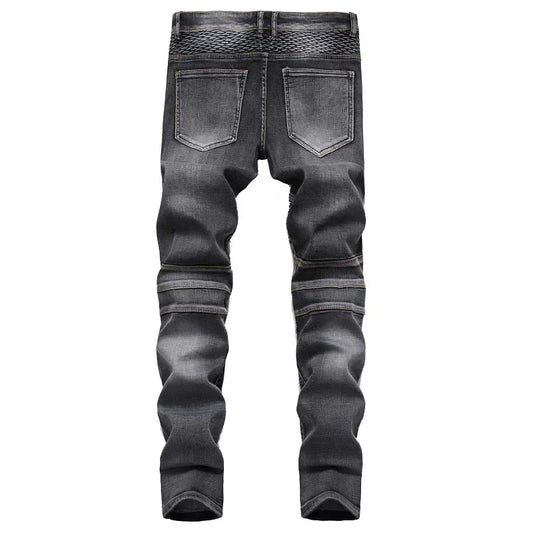 Men's New Casual Motorcycle Jeans Hip Hop Street Riding Stretch Slim Fit Straight Pants Patchwork Fashion Denim Trousers Male - Chrissy's Eye