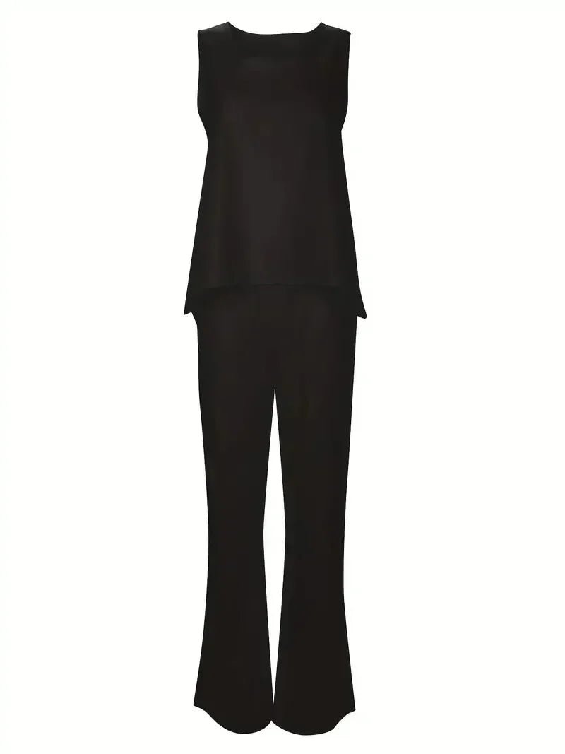 Plus Size 1XL-5XL Women's Casual Outfits Two Piece Set Solid Round Neck Tank Top Wide Leg Pants Outfits 2 Piece Set - Chrissy's Eye