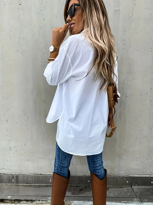 Plus Size 1XL-5XL Women Fashion Solid Color Lapel Shirt Pocket Decoration Shirt Casual Loose and Simple Long Sleeved Shirt - Chrissy's Eye